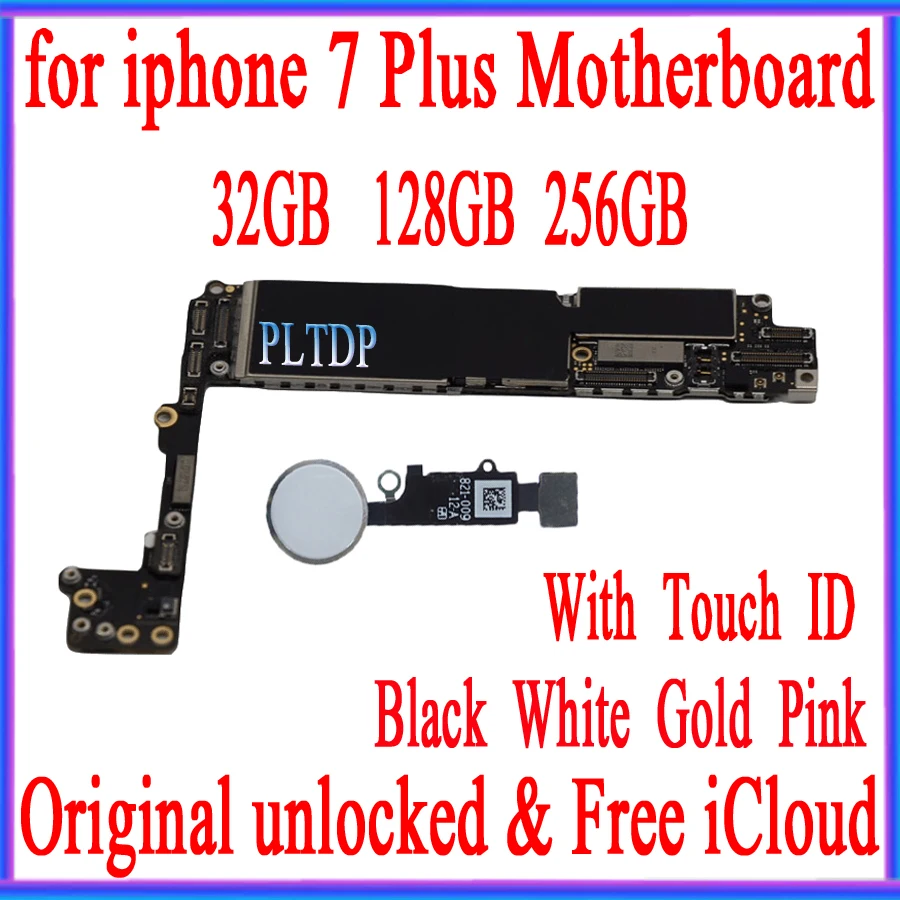 Good Tested, Unlocked for iphone 7 Plus Motherboard with/No Touch ID, Original Main board+Free iCloud,32GB 128GB 256GB