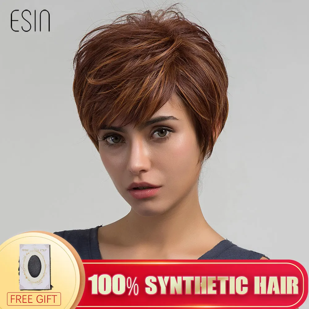 SS103 Esin Женский синтетический парик со стрижкой Пикси Pixie Естественная линия висков Стильная челка Искусственные женские парики с многослойным окрашиванием Теплый шоколадный оттенок со светлыми бликами - Цвет: SS103