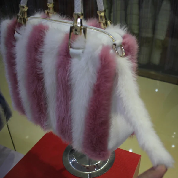 Модная новая кожаная норковая меховая сумка с розовыми и белыми меховыми