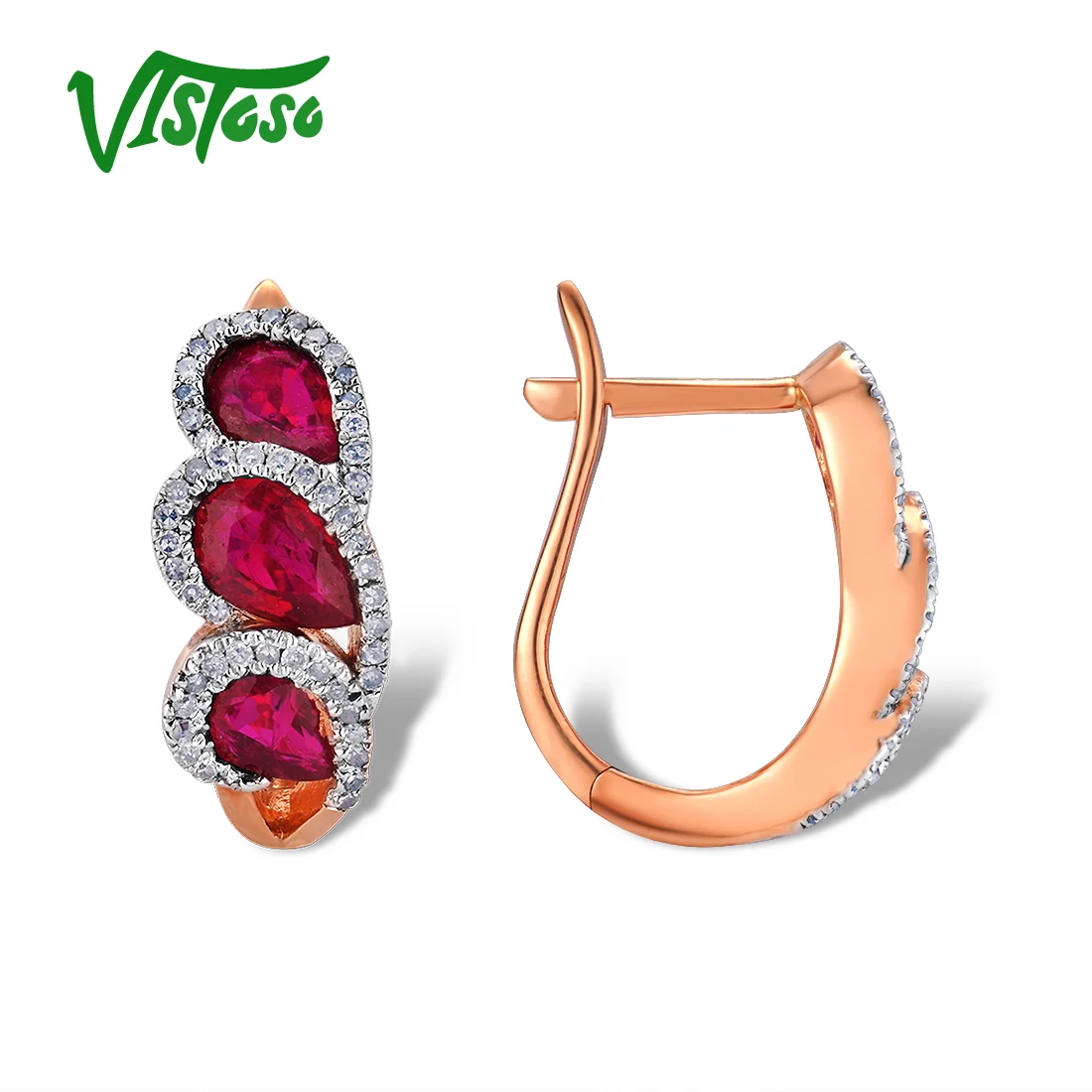 VISTOSO Подлинная 14 K 585 серьги из розового золота для женщин Гламурные Необычные рубиновые сверкающие бриллианты элегантные модные роскошные ювелирные изделия