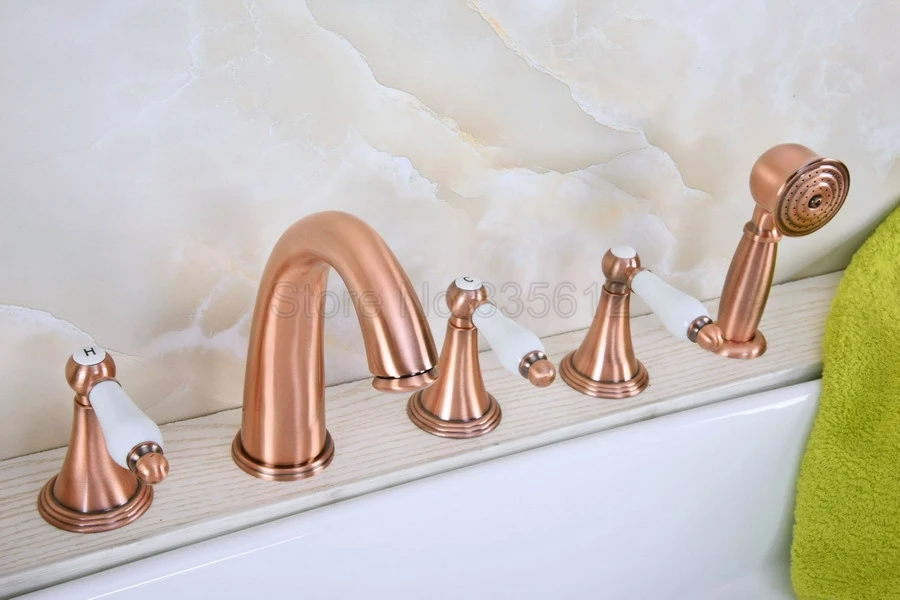 

Antique Red Copper 5piece Bathtub fauce bathroom faucet for hot and cold Mixer tap Sink faucet 3 handle 5 hole ttf209