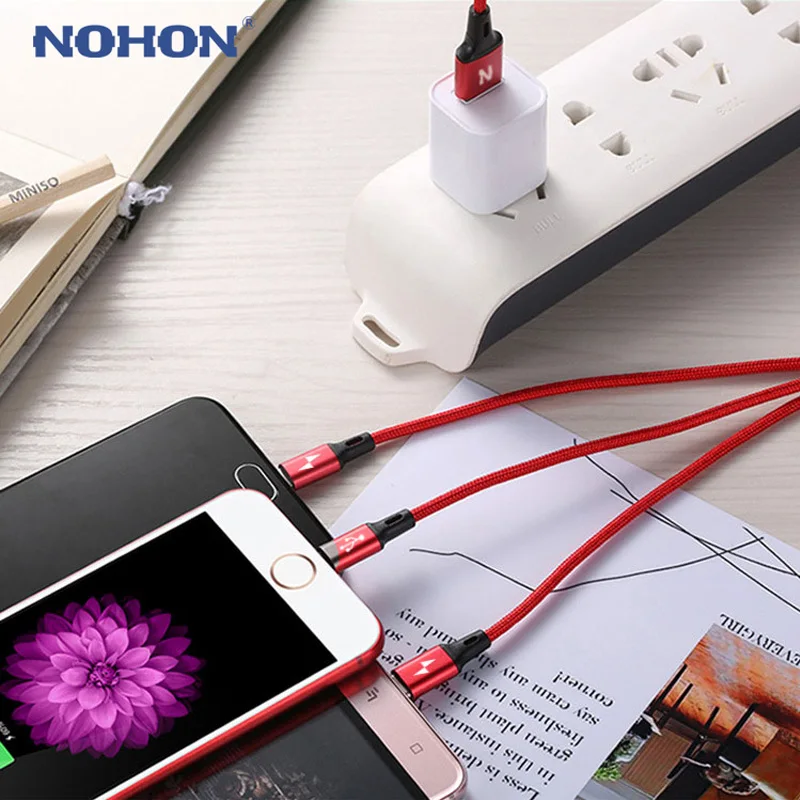Оригинальный кабель NOHON 3 в 1 Type C 8Pin Micro USB для iPhone 7 6 6S Plus iOS 10 9 8 Samsung Xiaomi Nokia быстрой
