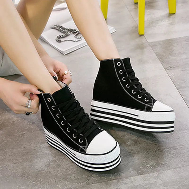 Chunky Sneakers Platform Women Fashion Lace-up High-top Wedge Shoes For 2019 New Canvas Thick Bottom Heeled | Обувь