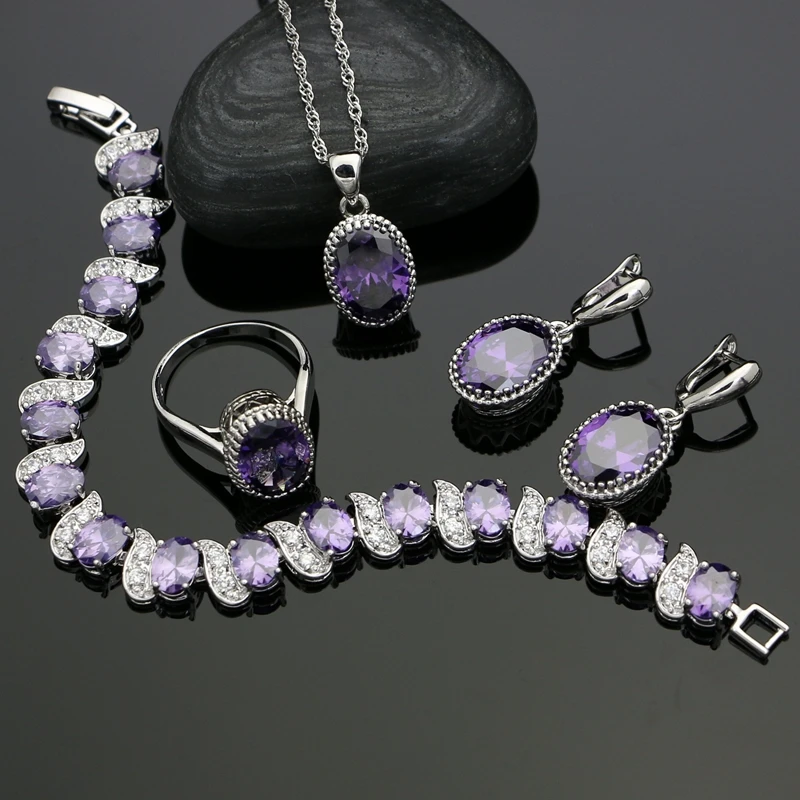 

925 Silver Jewelry Sets For Women Party Accessories Purple Cubic zirconia Drop Earrings/Rings/Bracelet/Pendant/Necklace Set
