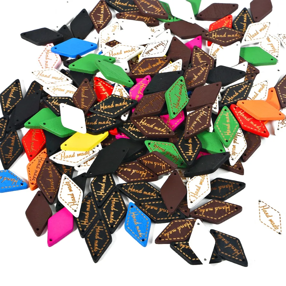 50Pcs/lot mixed 4 Sizes Wooden Button "Hand Made" tags Wood Sewing Accessories For Clothes Handmade Scrapbooking Craft DIY