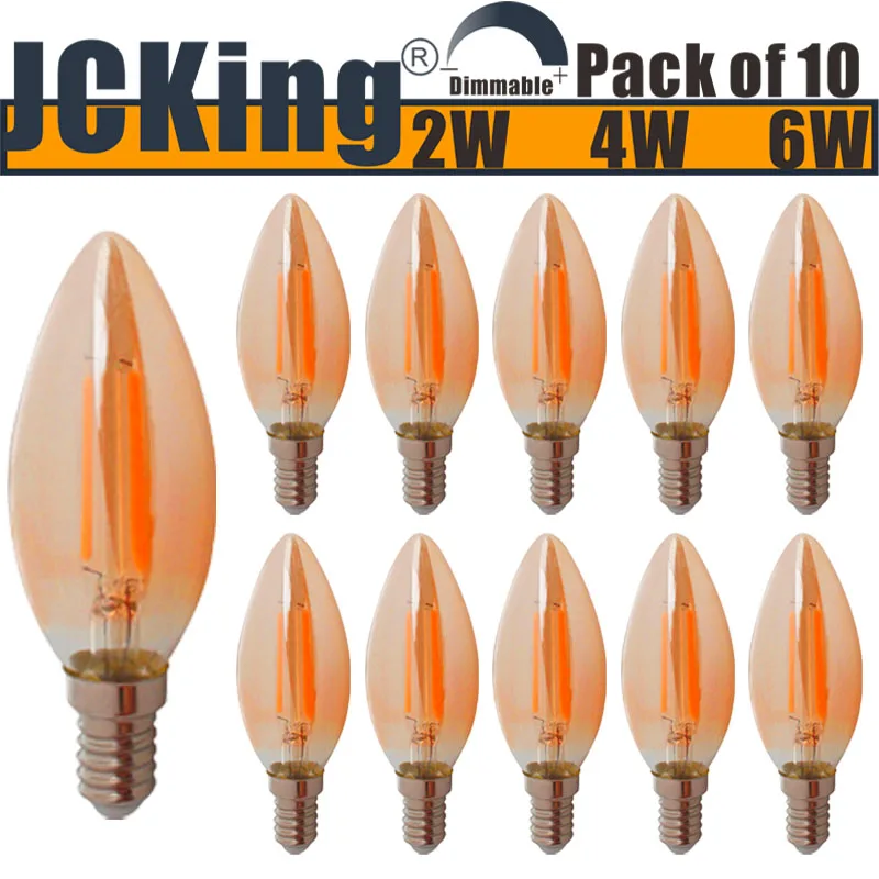 

JCKing 10 Pack Dimmable Filament Vintage Light Bulb AC 120V/ AC 220V LED Brown Glass Blub E12/E14 Warm White 2700K Candle Light