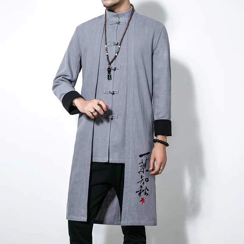 

Large Size 5XL mens Long Jacket Chinese Style Embroidery Trench coat Men Cotton Linen long Coats
