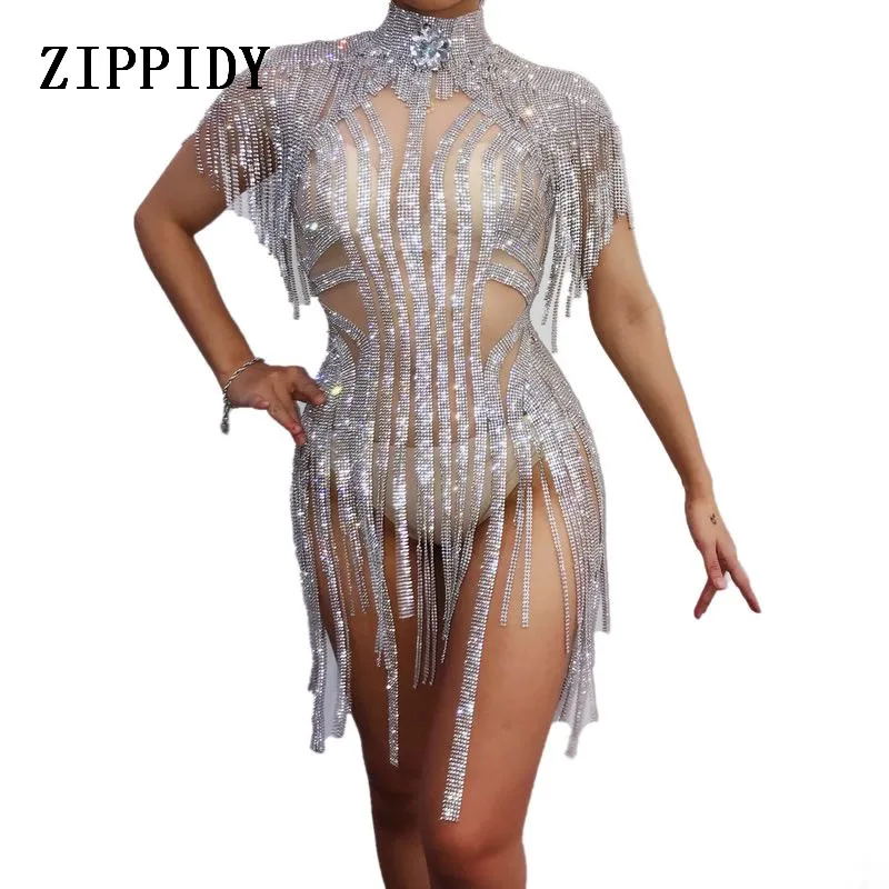 Bling Silver Rhinestones Fringes Bodysuit Birthday Celebrate Costume Female Singer Tassel Leotard Stage Dance Wear | Женская одежда