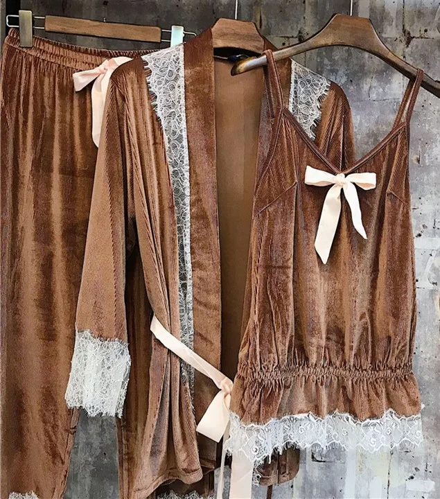 coffee suits Neploe, бархатные Топики, топики+ пальто+ брюки, женские кружевные одноцветные костюмы с бантами, элегантный костюм с поясом, новинка, осенний свободный костюм 68909 - Цвет: coffee suits