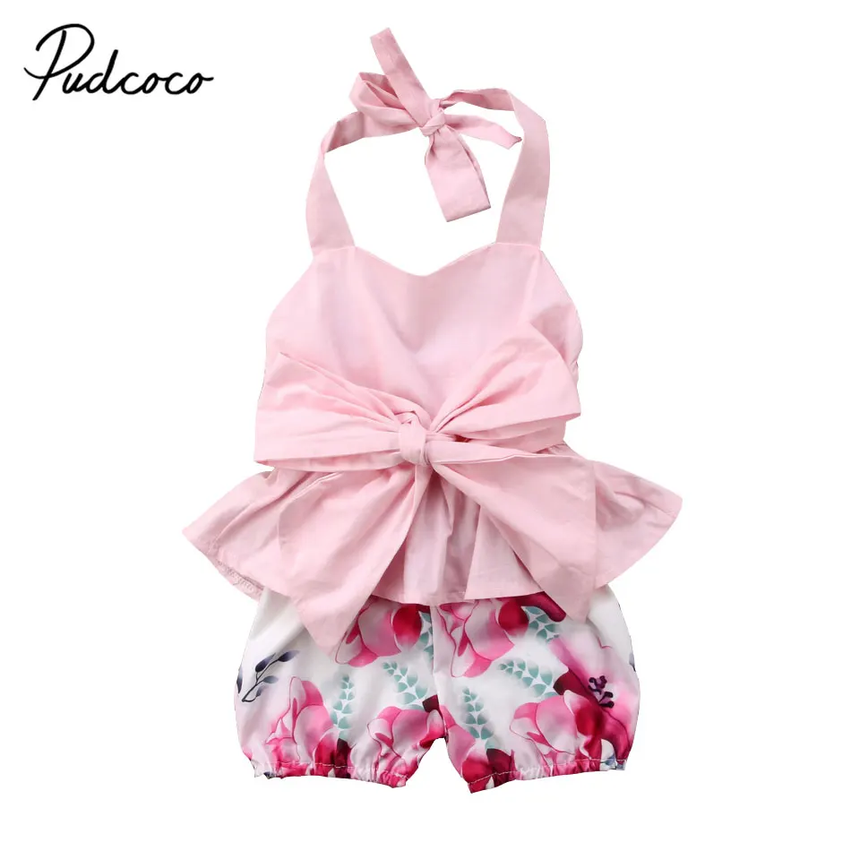 Pudcoco Newborn Toddler Infant Baby Girl Bowknot Pink Tops Floral Shorts Pants Clothes Cute Summer Set 2Pcs | Детская одежда и