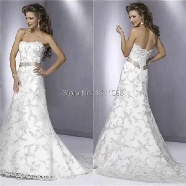 2014 New Sale Sexy Strapless Appliques Off the Shoulder Ribbon Waist Satin Floor-Length Court Train Wedding Dress Custom Made | Свадьбы и