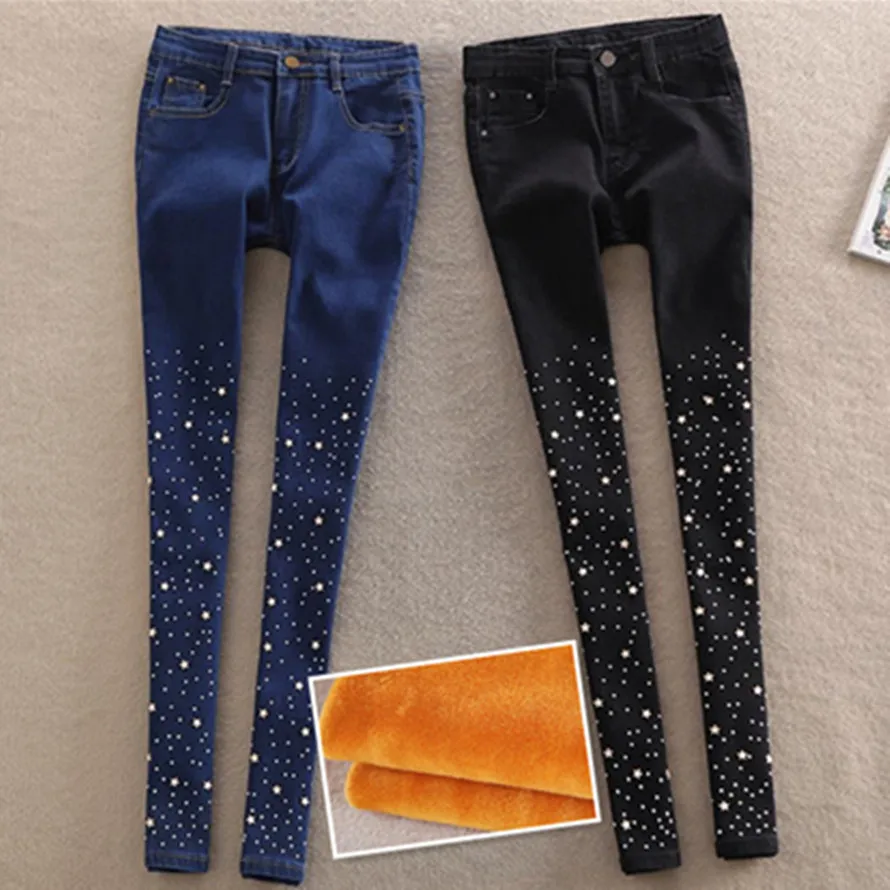 

new winter fashion jeans women diamond warm velvet pencil skinny jeans