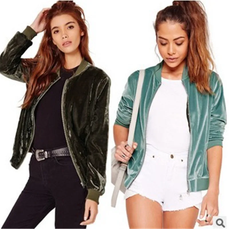 

2018 New Green Stand Collar Mixed Media Zipper Up Pocket Bomber Jacket Women Fall Coats Women's Slim Winter Jacket D370