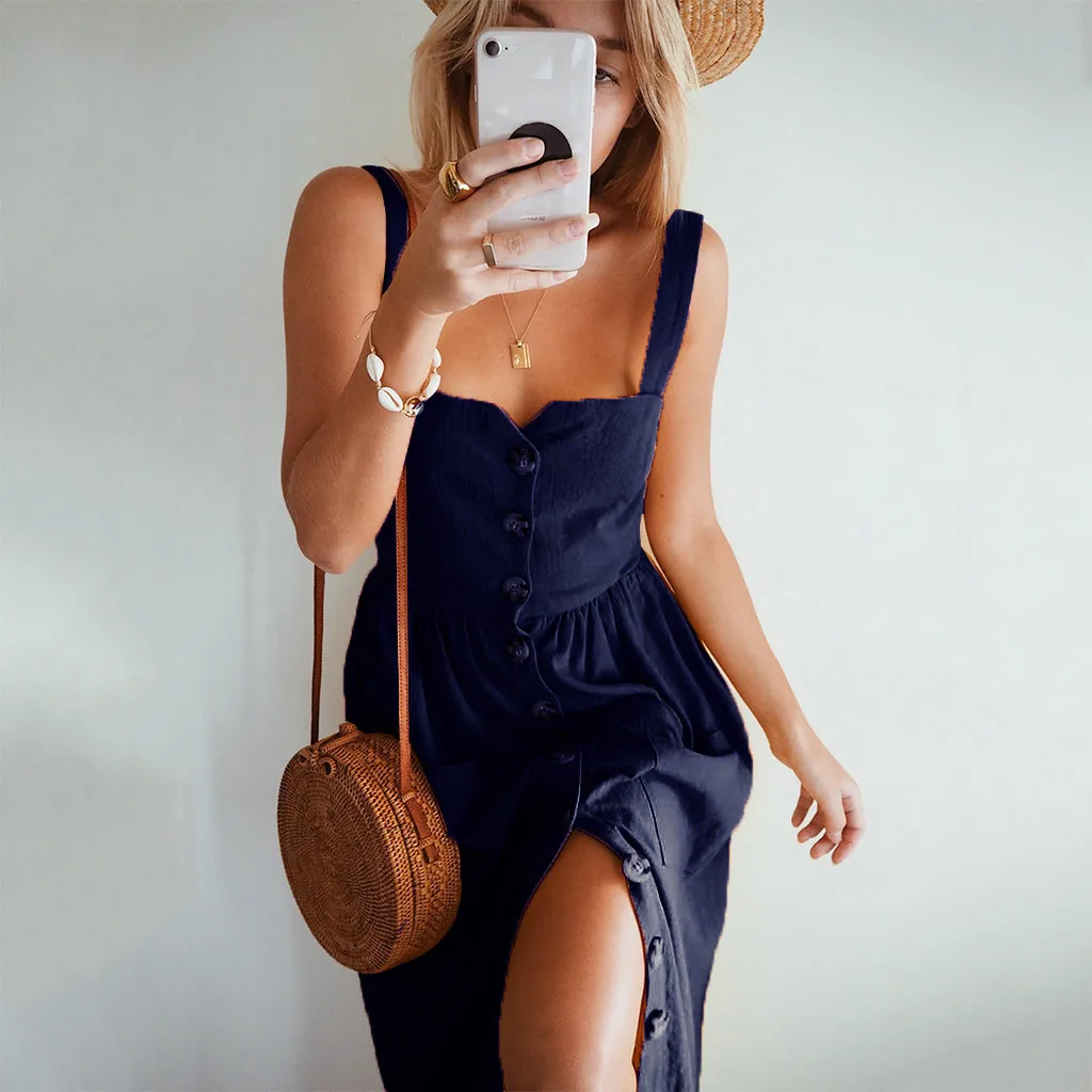 Женское длинное платье повседневное однотонное хлопковое льняное без бретелек с