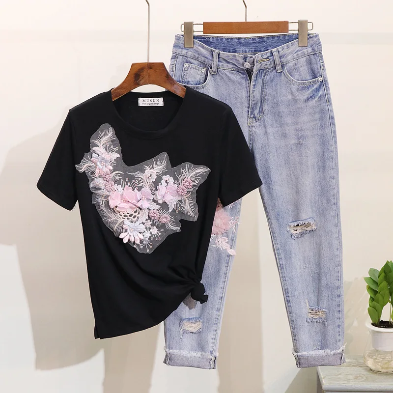 Модный весенне летний женский комплект вышитый бисером цветок футболка джинсы