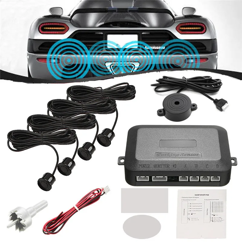 

Original New DC 12V 200mA Parking Sensor Colorful Radar Recoil Car Buzzer Alarm System 4 Kit Auto Car Accessories Camping