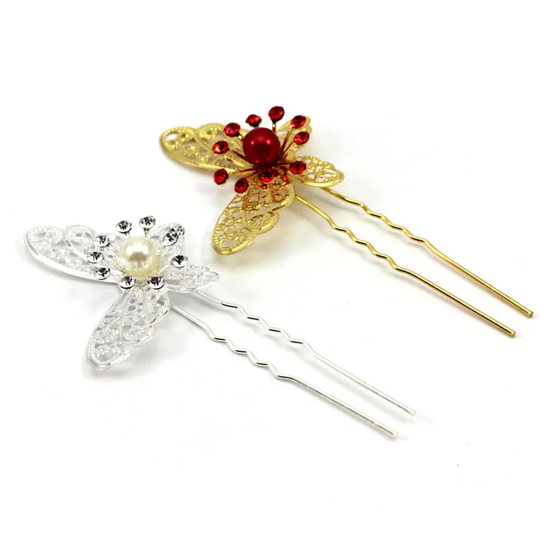 2x Luxurious shining Pearl Crystal Butterfly Hairpin Wedding Party Hairwear Tiara Decor |
