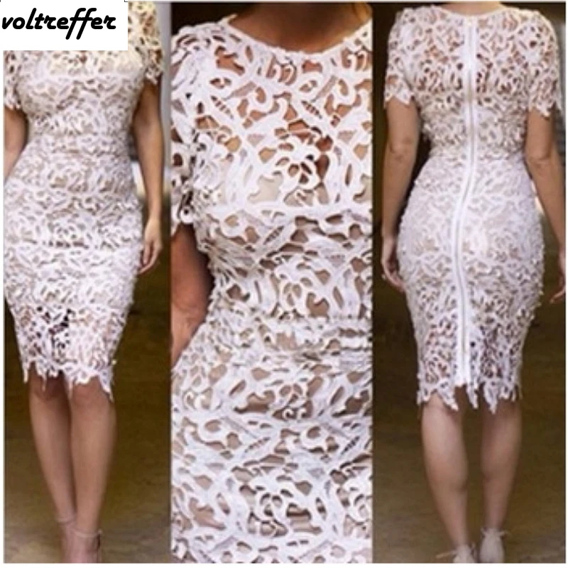 2018 Summer Style White Lace Crochet Bandage Dress Knee Length Sheer Perspective Back Zip Sexy Club Wear | Женская одежда