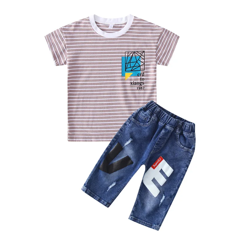 2019 Toddler Boy Summer Clothes Big Boys Boutique Kids Clothing Set Suits Children Outfits Striped T-shirts + Denim Shorts |
