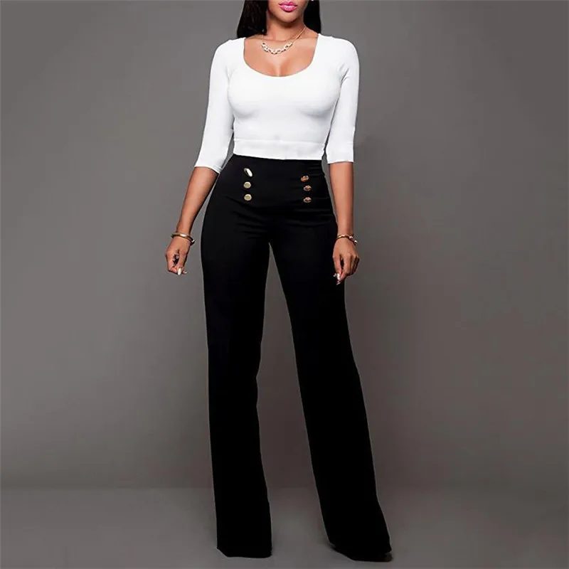 

Colored Fashion Women Spring Summer Party Mid Waist Slim Fit Solid Stretchy Bell Bottom Flare Trousers Wide Leg Palazzo Pants