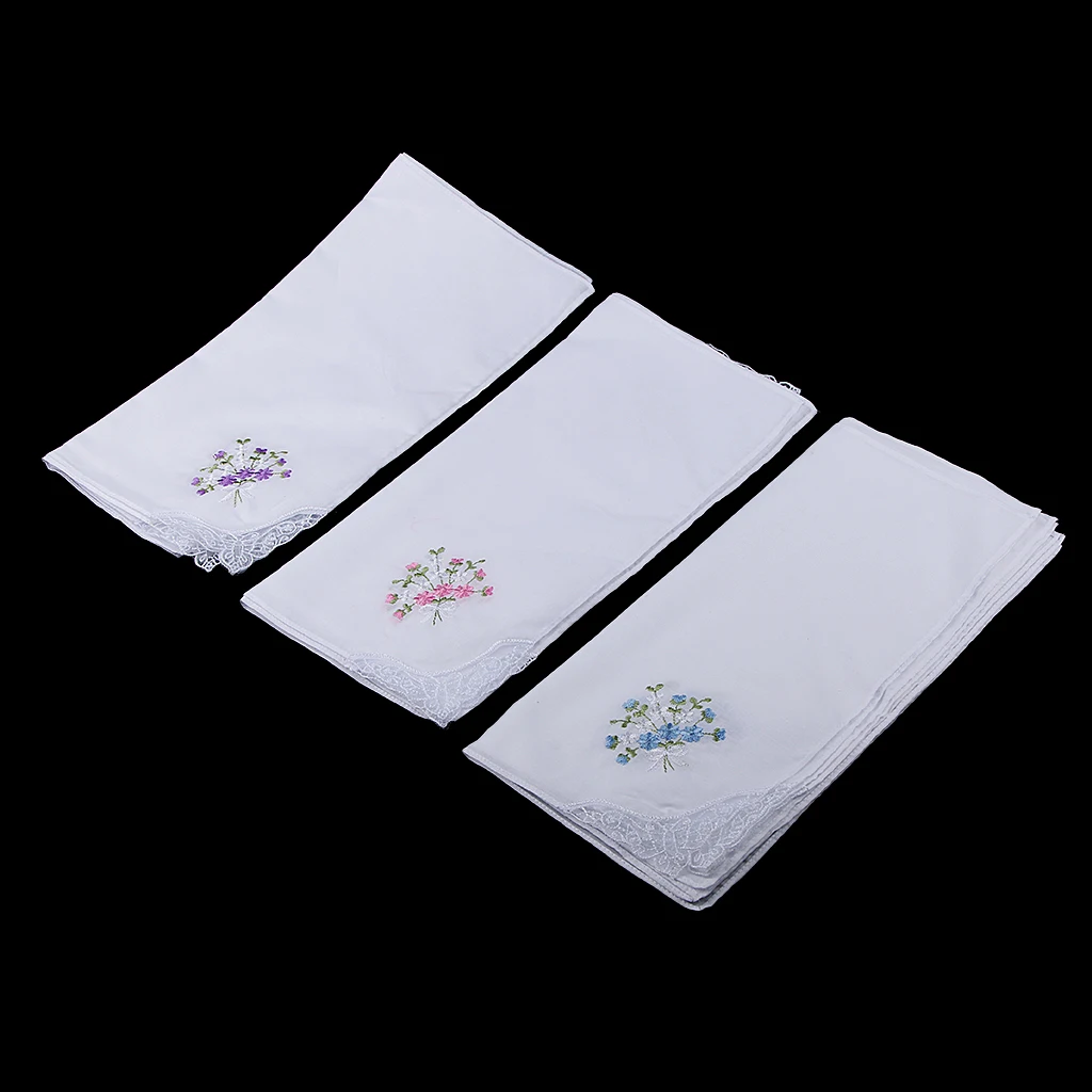 Wholesale 12 Vintage Women Lady's Flower Embroidery Cotton Pocket Square Handkerchiefs Party White Hanky