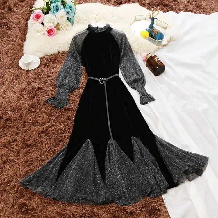 Женское платье-Русалка с высоким воротником шелковое бархатное Сетчатое платье