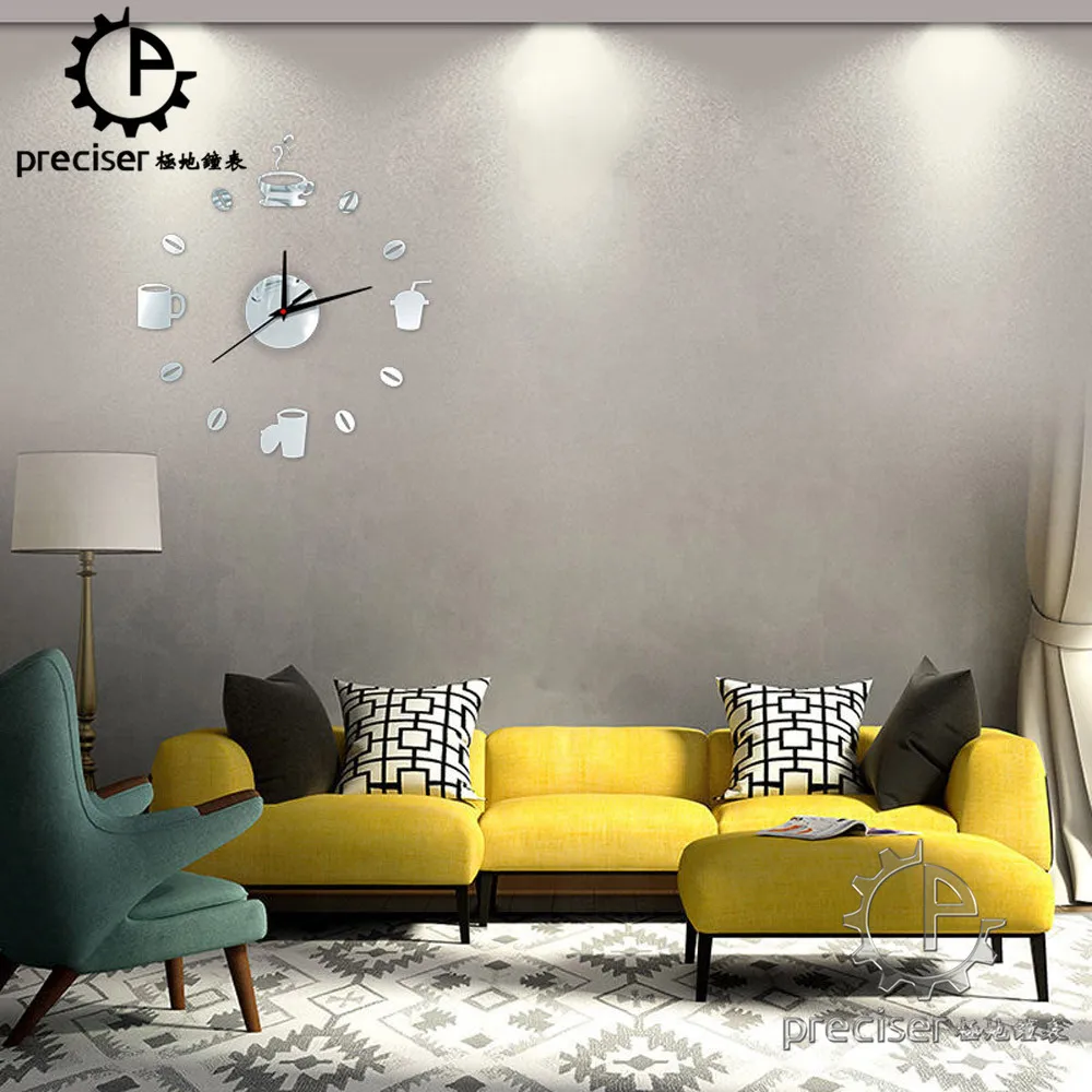 Coffee Cups Beans 3D DIY Wall Clock Acrylic Stickers Quartz Modern Home Decoration Retro Kitchen Wall Clock
