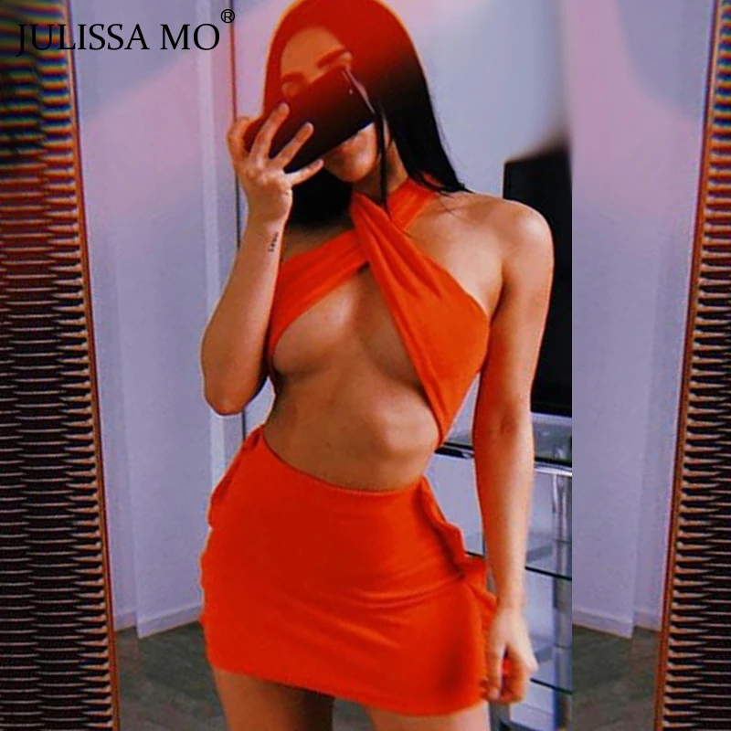 Женское неоновое мини-платье JULISSA MO с лямкой на шее и открытой спиной комплект из