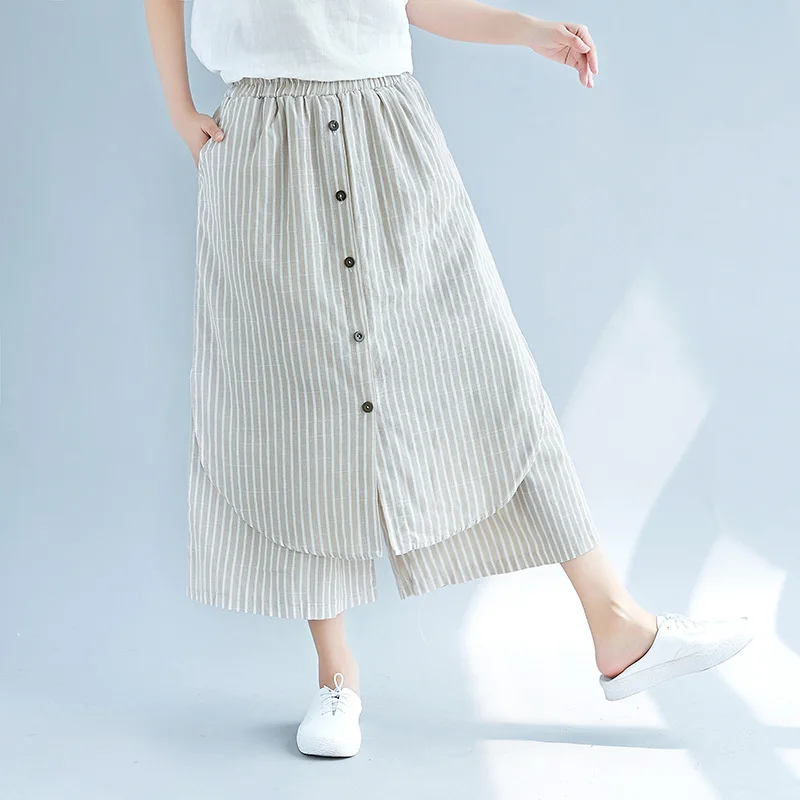 ilstile 2018 Women's Striped Cotton Linen Wide Leg Pants Vintage Summer Casual Loose Calf-Length Elastic Waist Trousers | Женская