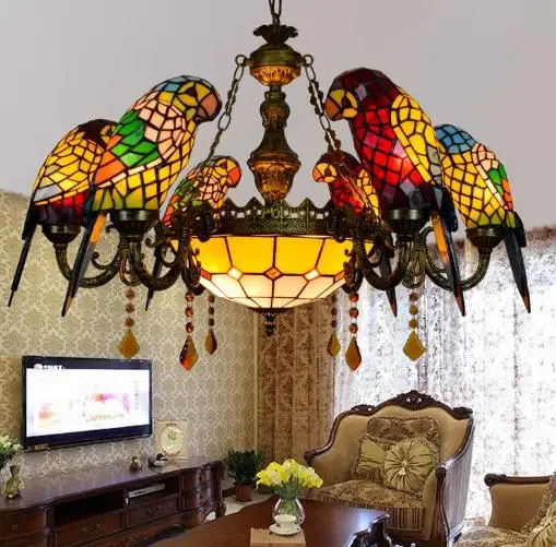 

American Pastoral Tiffany style Retro luxury parrot bird pendant light stained glass bar living room parlor hanging lighting