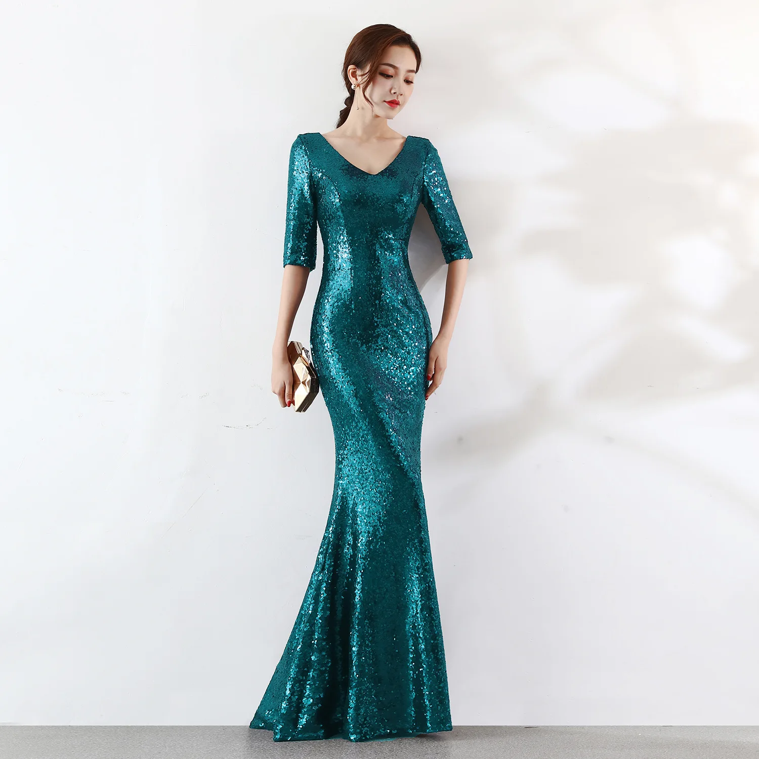 Зеленое роскошное платье русалки с v-образным вырезом и коротким рукавом женское