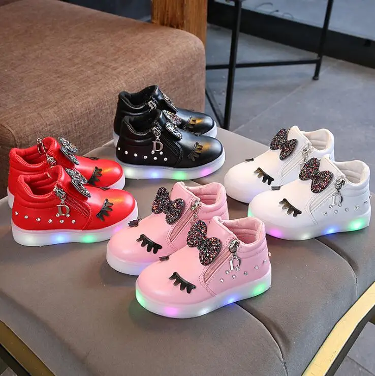 2019 New Fashion Children Glowing Shoes Princess Bow Girls Led Spring Autumn Cute Baby Sneakers | Детская одежда и обувь