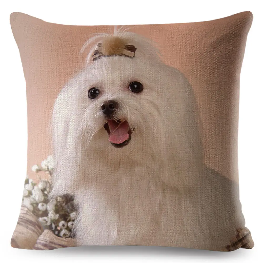 Cute Animal Pet Maltese Dog Pillow Cover Linen Cushion Covers 45*45cm Square Pillow Case Sofa Car Home Decoration Pillowcase