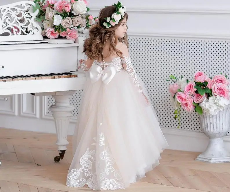 Ivory lace long sleeves sheer flower girl dress tulle Toddler illusion Bridesmaid dresses Baby special occasion gown for wedding |