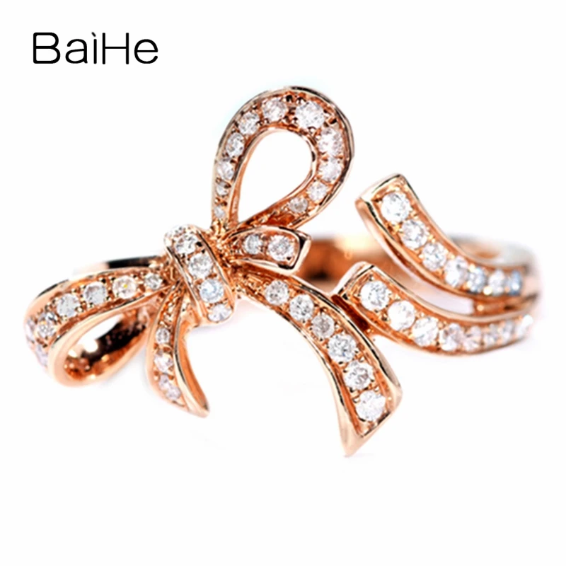 

BAIHE Solid 14K Rose Gold About 0.22ct H/SI Round Natural Diamonds Engagement Wedding Band Trendy bowknot Beautiful diamond Ring