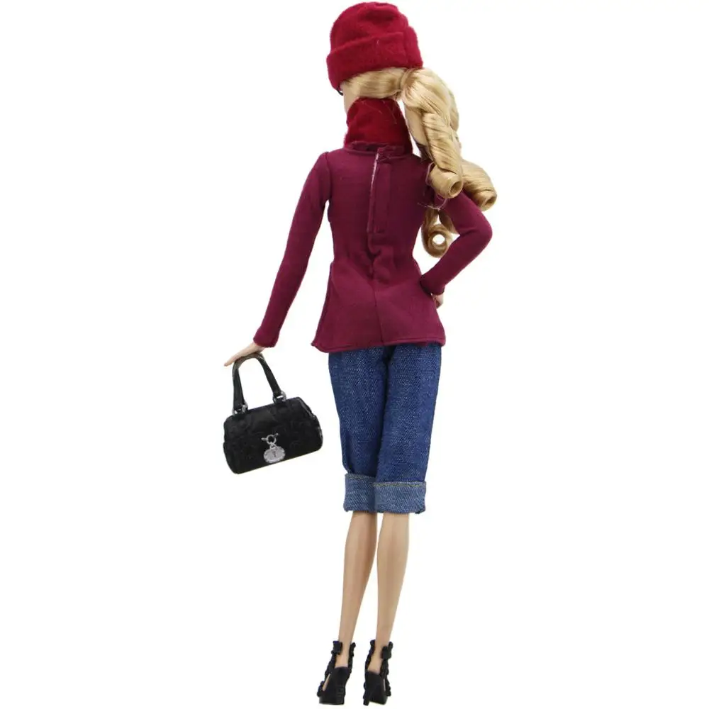 1 Set Fashion Winter Lady Outfit Red Blouse Scarf Cap Jeans Trousers Handbag Shoes Clothes For Barbie Doll Accessories DIY Toy | Игрушки и
