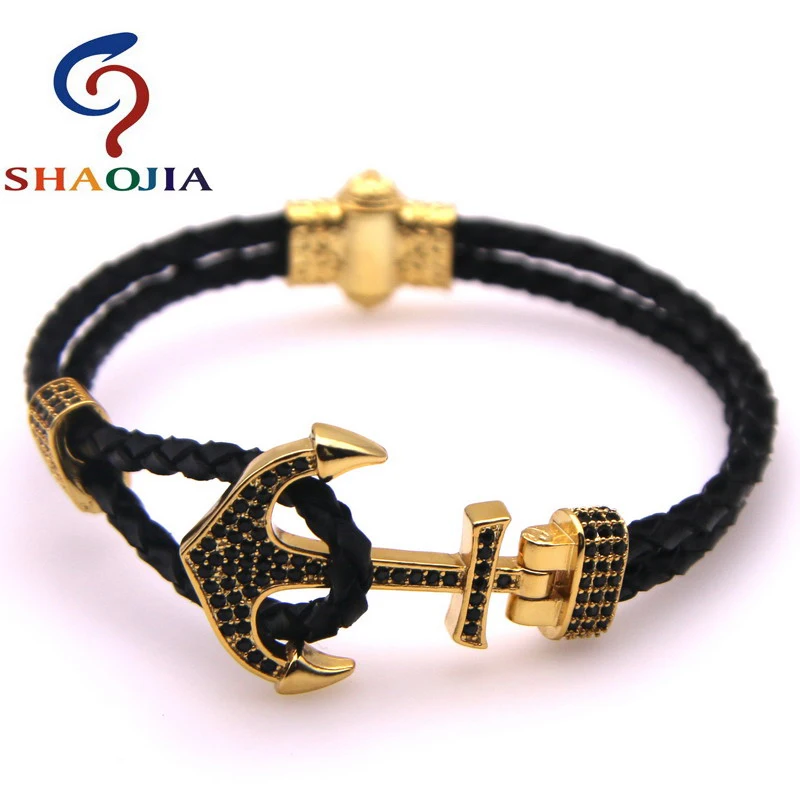 2020 Новый плетеный кожаный браслет с якорем из микроциркона шармами для мужчин и