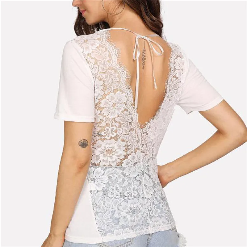 

hirigin Women Ladies Summer Cotton Solid white back hollow lace sexy Short Sleeve Casual T-Shirt Tops T Shirts tees women femme