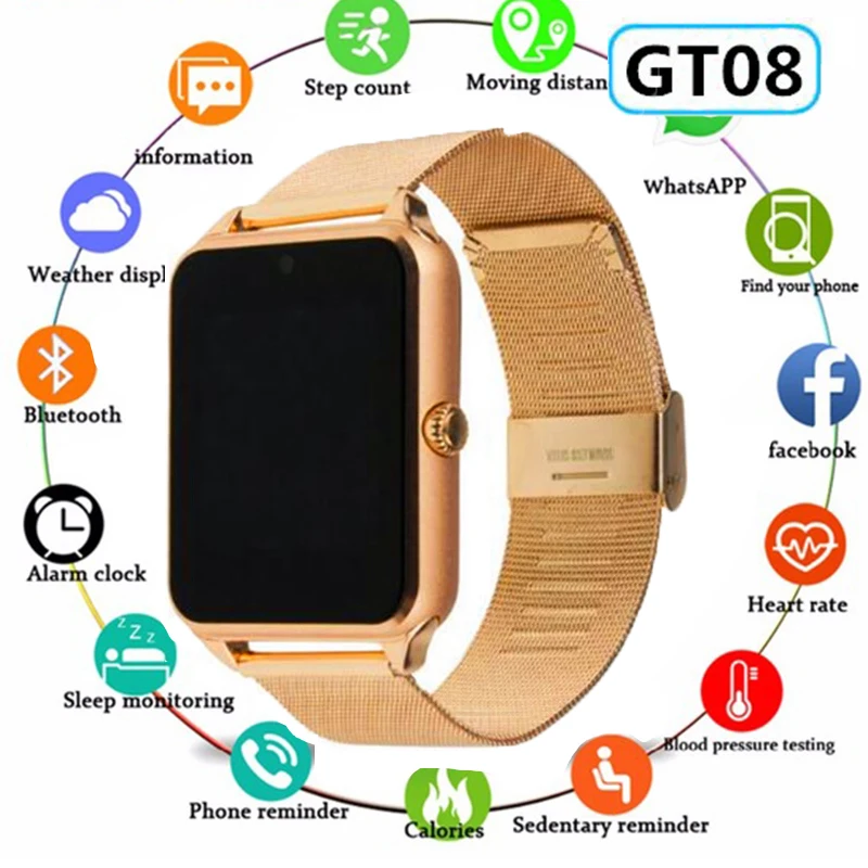 Смарт часы GT08 Plus с металлическим ремешком наручные Bluetooth поддержка sim карты TF Android