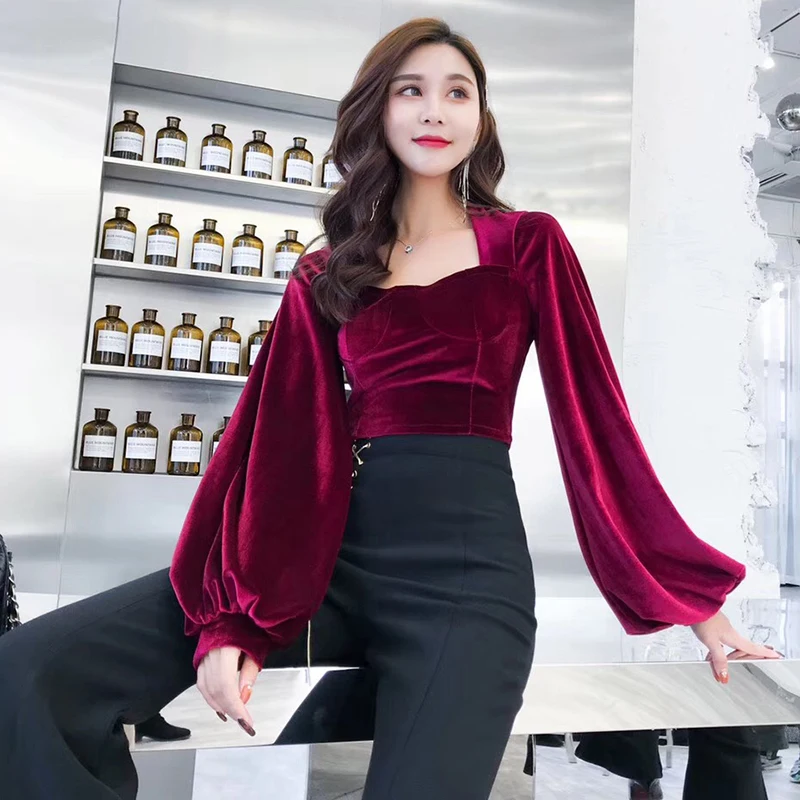 TWOTWINSTYLE велюровые Короткие топы женские тонкие пышные с длинным рукавом необычный воротник женские футболки сексуальная модная одежда осень