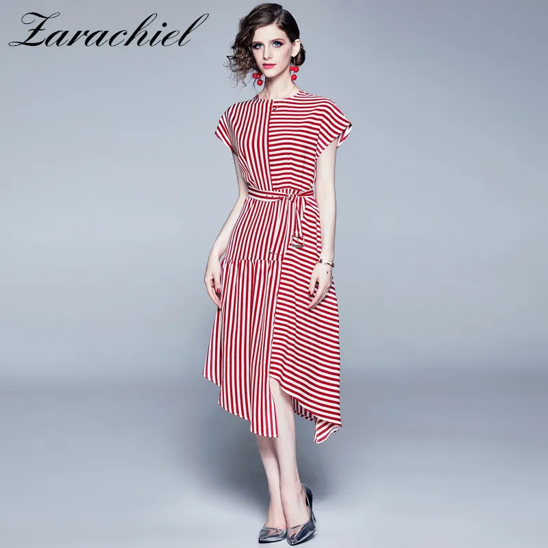 Dropped Shoulder Sleeve Asymmetric Shirt Dress Summer Vintage Office Lady Sashes Red Striped Print Casual Midi Party Dress