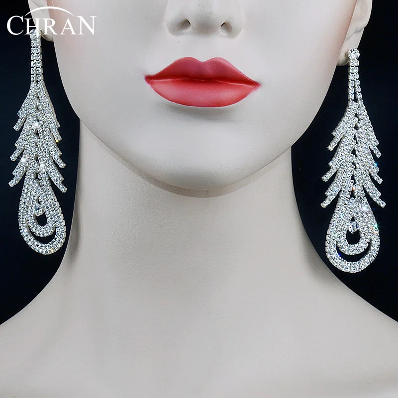 

CHRAN Unique Silver Color Rhinestone Long Big Earrings Luxury Exaggerated Crystal Chandelier Dangle Tassel Earrings For Women