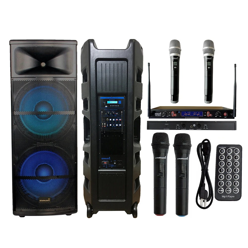 

5000W Dual 15" Powered PA Active RGB Light Speaker For Club Stage Church Wedding Speaker 2CH UHF IR Wireless Handheld Microphone