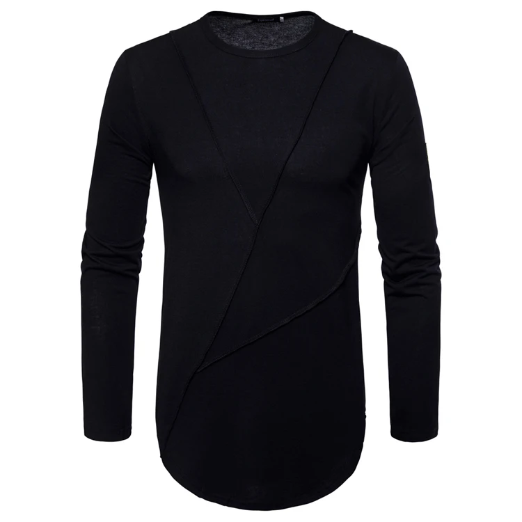 2019 New Men's T-shirt Summer Round Neck Casual Long-sleeved Stitching Bottoming Shirt Solid Color Long- | Мужская одежда