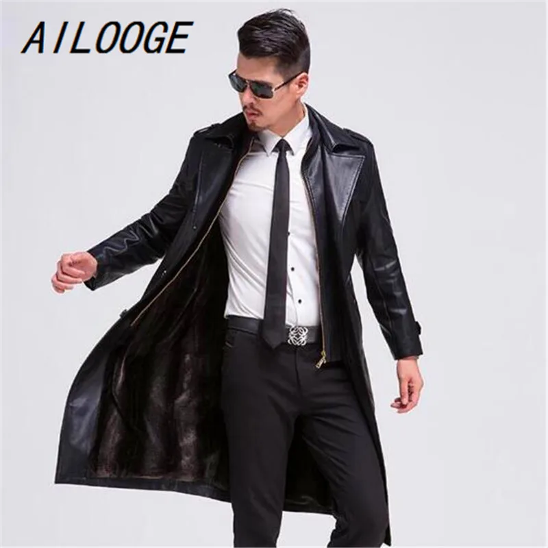 

AILOOGE Black Leather Jacket Men Parka Casual PU Clothing Men's Long Leather Jackets Coats High Quality plus velvet Faux Leather