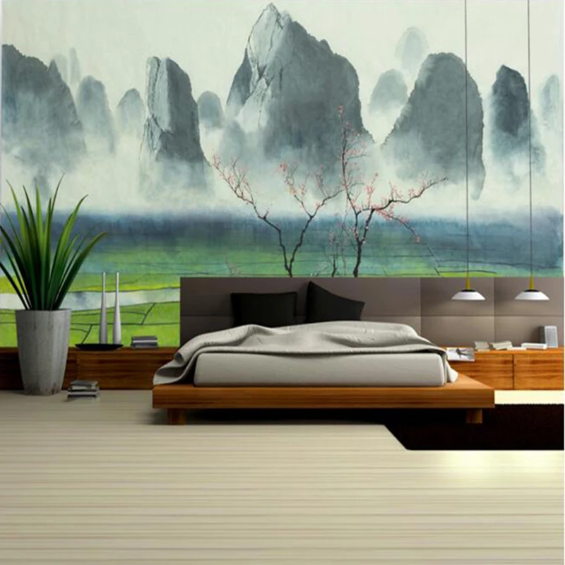 Interior Wallpaper Ink Paddy Field Foggy Mountain for Living Room Wall Dining Art Decoration Home Decor | Обустройство дома