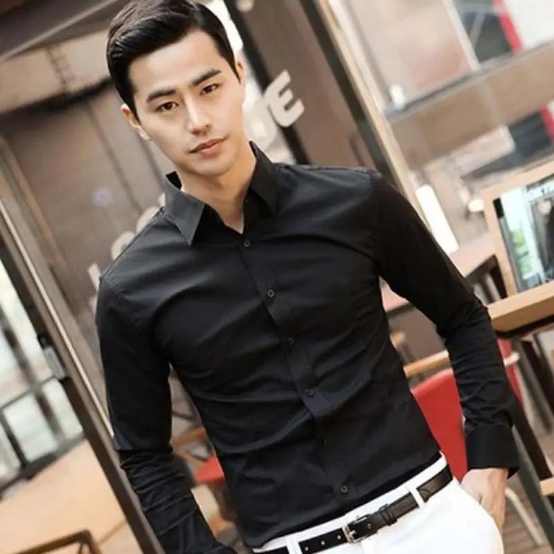 Мужская рубашка-Новинка чистого черного цвета с длинными рукавами рубашка