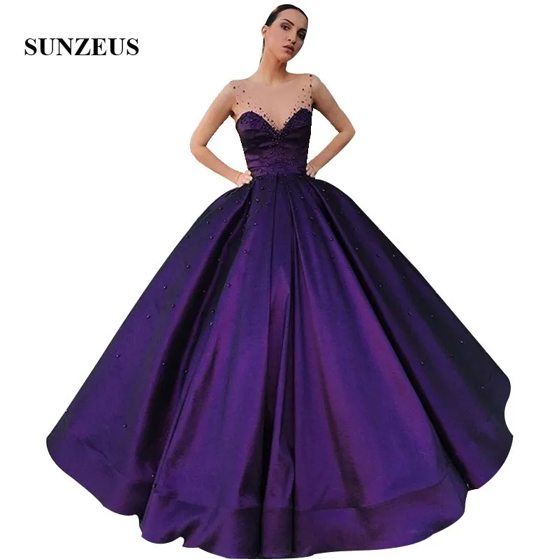 

Ball Gown Dark Purple Evening Dresses With Pearls Illusion Neck Long Satin Formal Gowns Women Elegant Party Wear