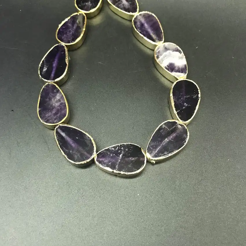 7 Stone Choice 11pcs/strand Natural Gems Gold Edged Drop Slab Slice Pendants Unakite Amethysts Agates Nugget Beads Jewelry | Украшения и