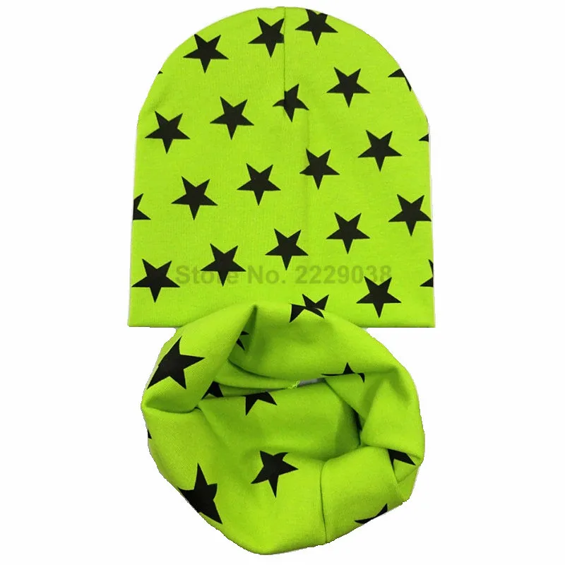 Grass green star set Детская шапочка; милая хлопковая детская шапка с принтом со звездой; Весенняя детская шапка с шарфом и воротником; Детские шапочки для мальчиков и девочек; шапка; комплект шапок для малышей - Цвет: Grass green star set